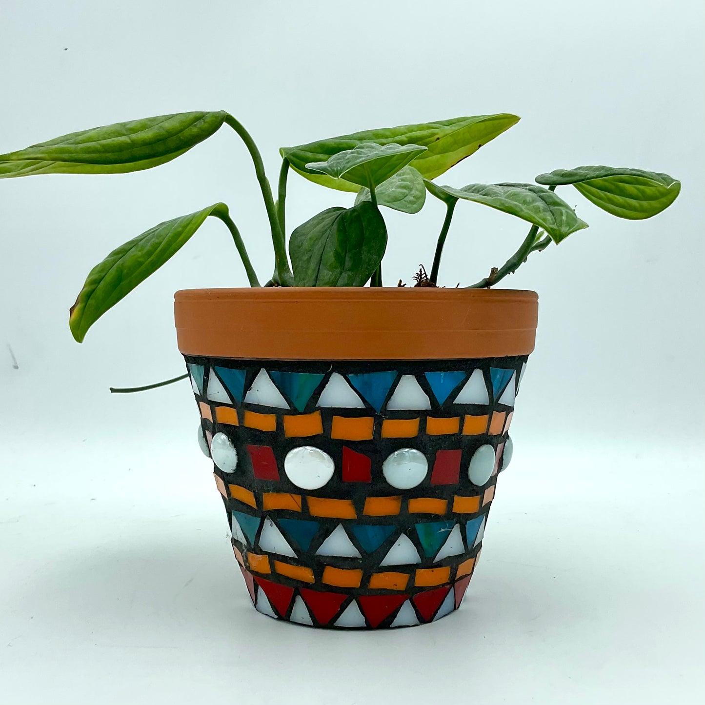 A terracotta pot covered in blue, orange, white and red mosaic glass pieces.