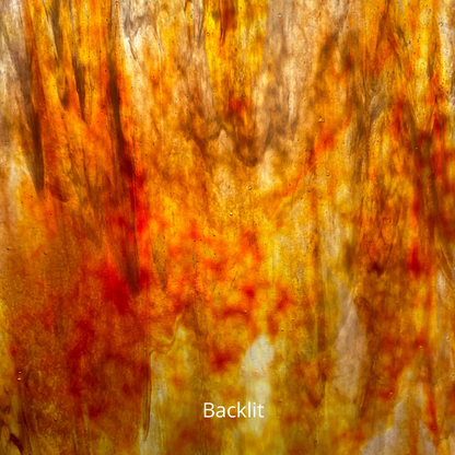 A backlit photo of a red and white mixed stained glass sheet.