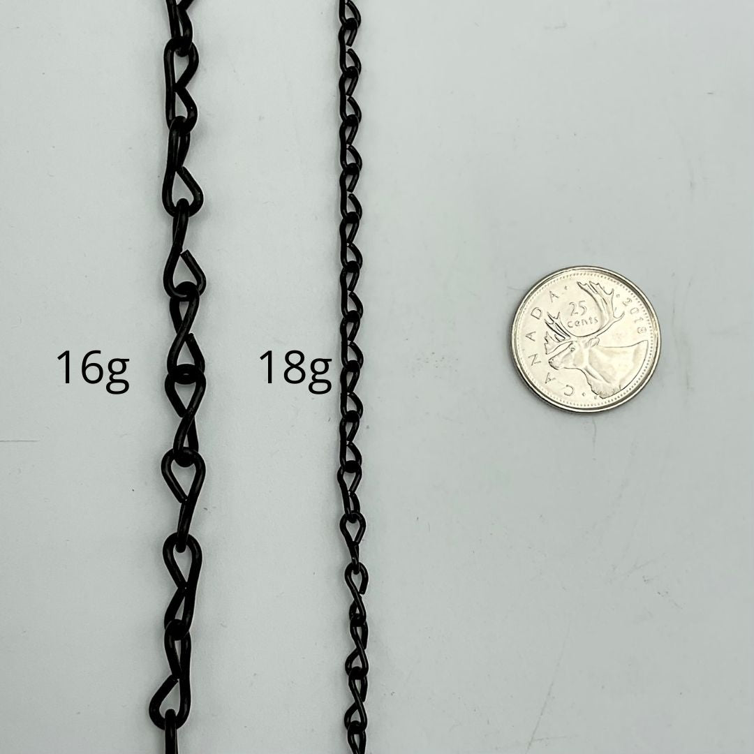 Size comparison of 18g and 16g black jack chain.