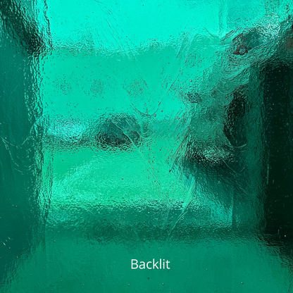 Translucent teal art glass.