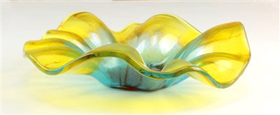 A fused glass dish that has been slumped over an organic slump mold.