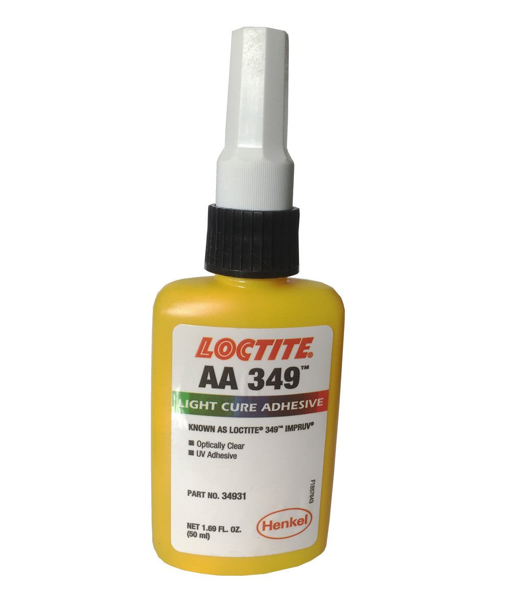 A bottle of Loctite AA 349 light cure adhesive.