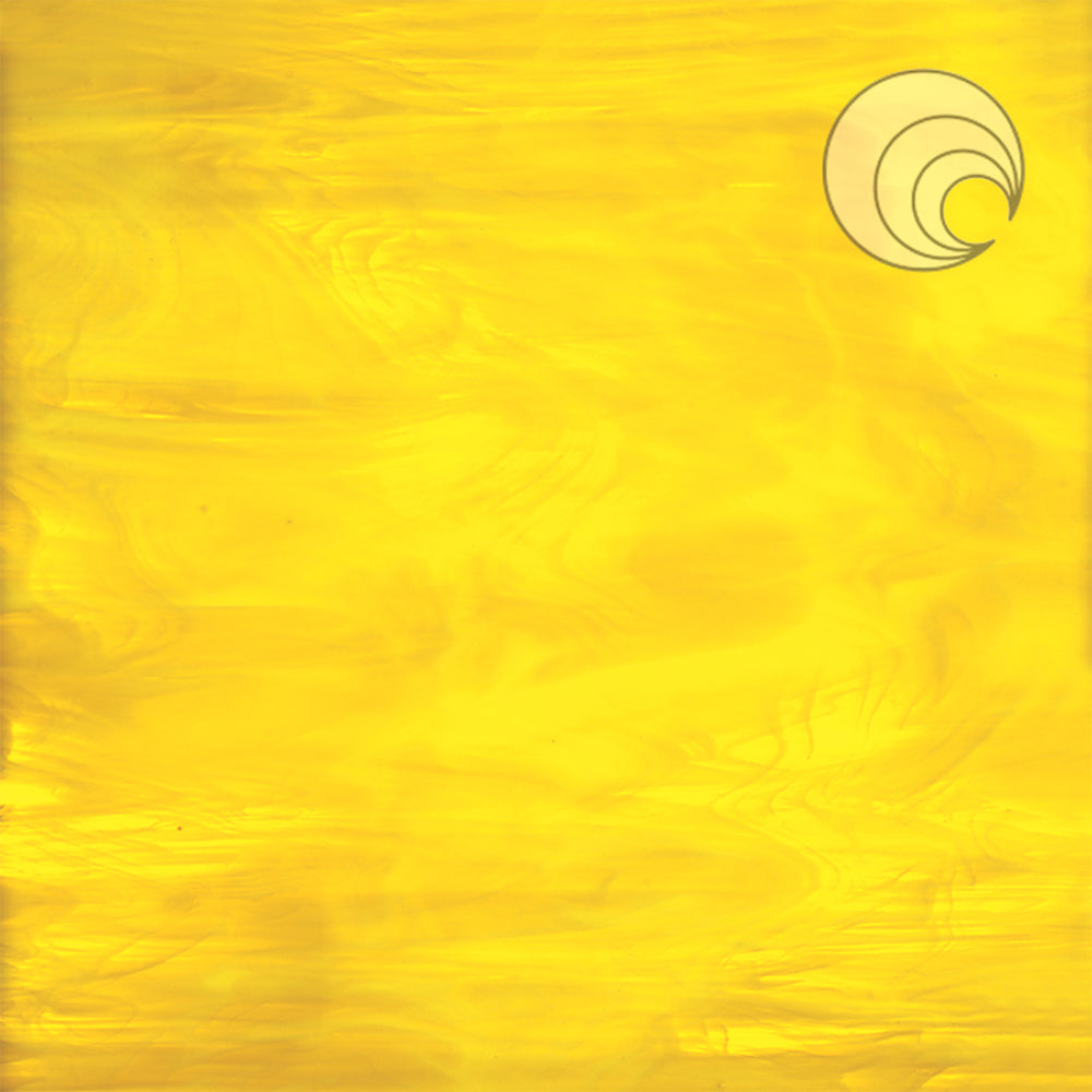 Yellow textured background with a circular logo in the top right corner