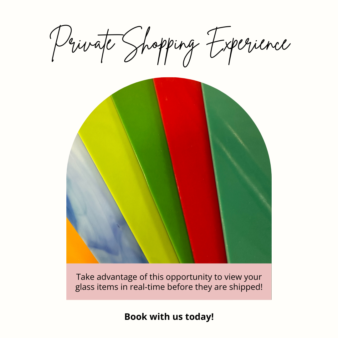 A poster advertising a private shopping experience at Lucent Glass to see items in real-time before they are shipped.