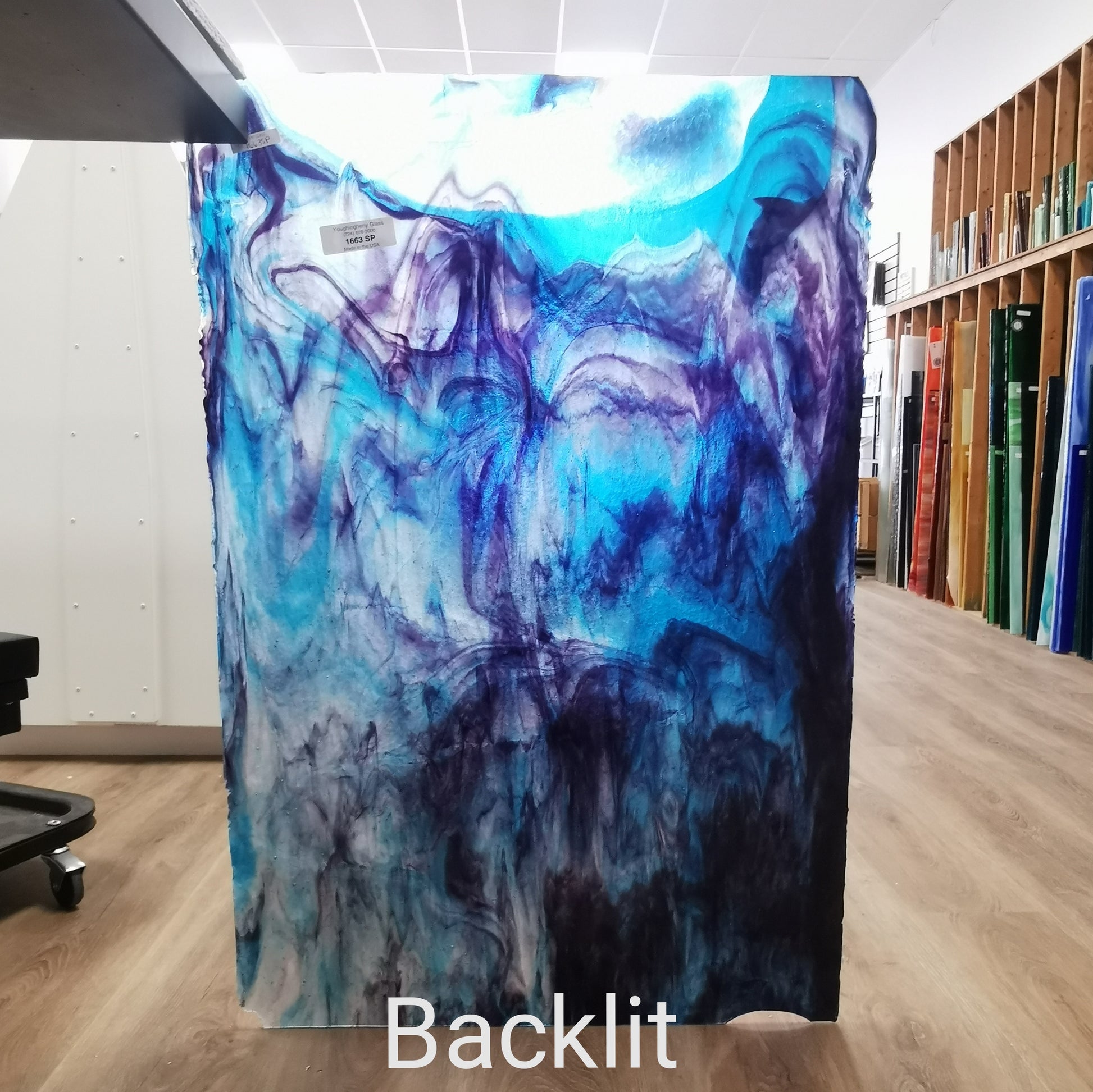 Purple blue and white sheet of art glass.